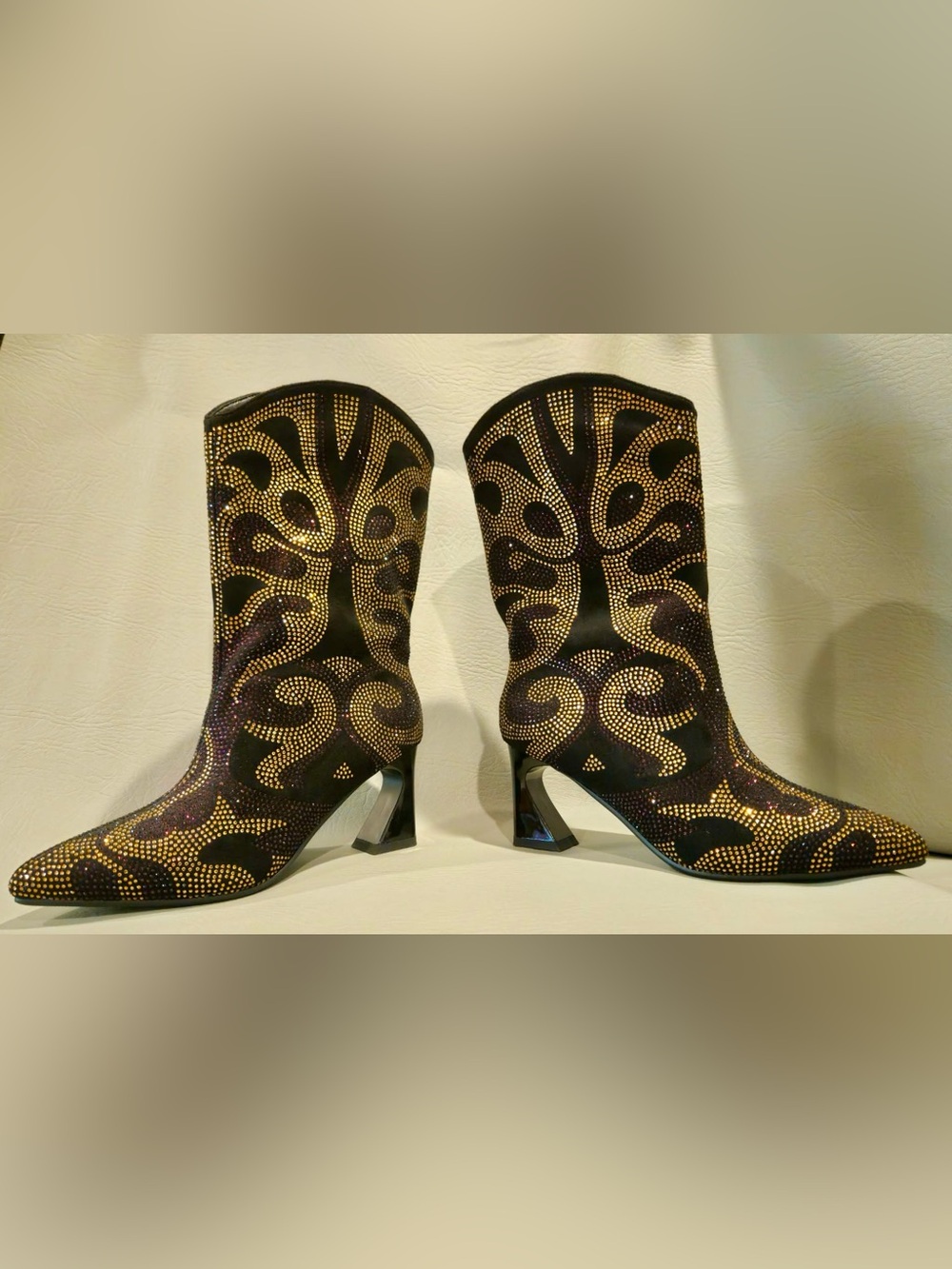 Azura Rhinestone Western Boots Black Gold Burgundy Mid Calf Rhinestone Boots